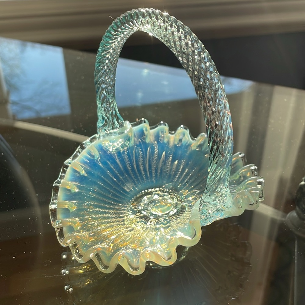 Fenton 4 5/8” by 5” tall ruffled opalescent small basket and braided handle